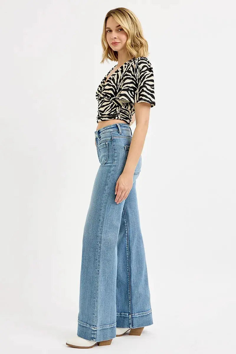 RISEN Full Size High Rise Wide Flare Patch Pocket Jeans Plus Size - Image 7