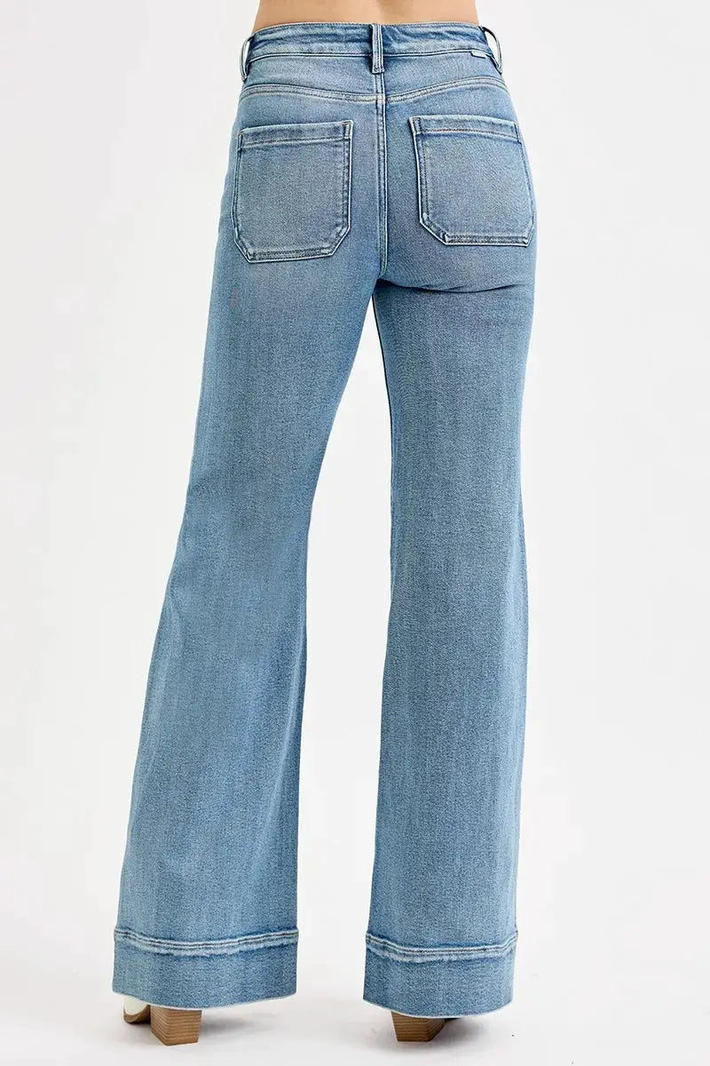 RISEN Full Size High Rise Wide Flare Patch Pocket Jeans Plus Size - Image 5