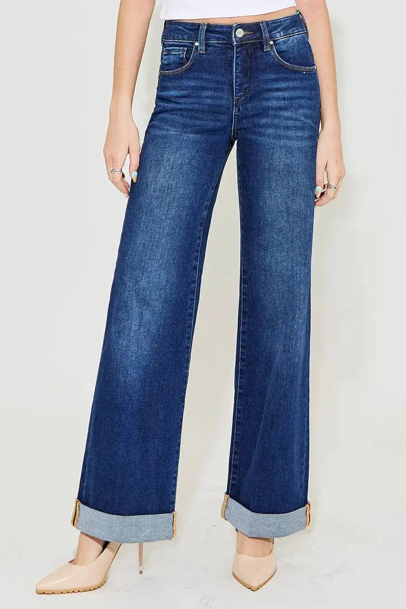 RISEN Full Size Tummy Control High Rise Wide Leg Cuffed Jeans Plus Size - Image 1