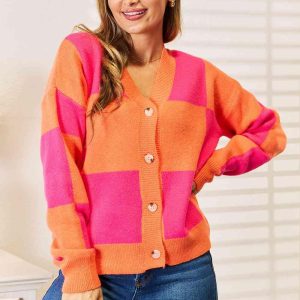 Woven Right Checkered V-Neck Dropped Shoulder Cardigan - Image 5