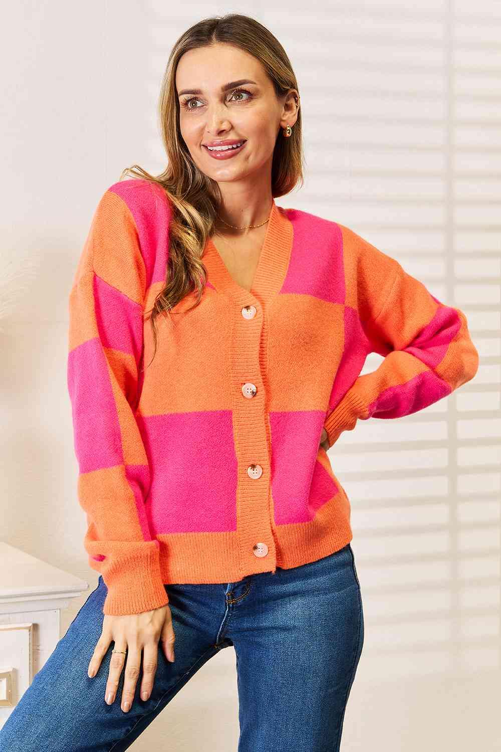 Woven Right Checkered V-Neck Dropped Shoulder Cardigan - Image 5