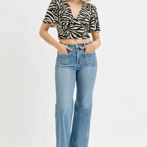 RISEN Full Size High Rise Wide Flare Patch Pocket Jeans Plus Size - Image 6