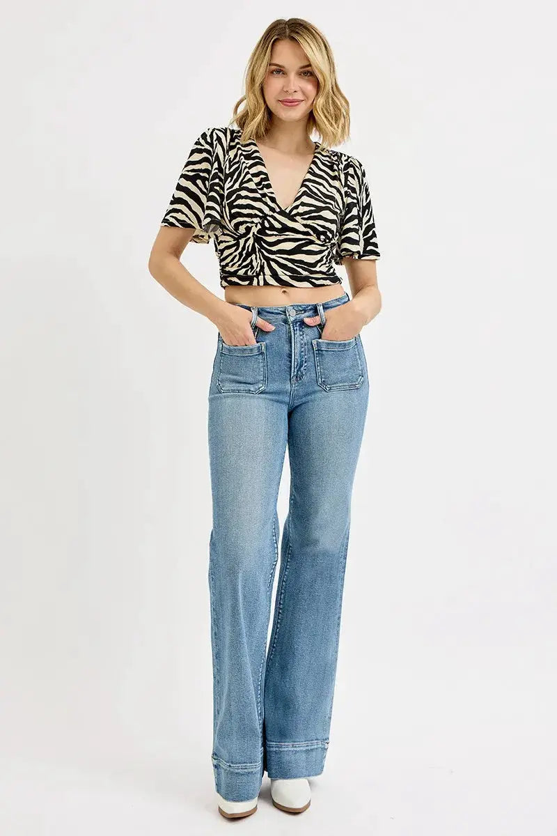 RISEN Full Size High Rise Wide Flare Patch Pocket Jeans Plus Size - Image 6