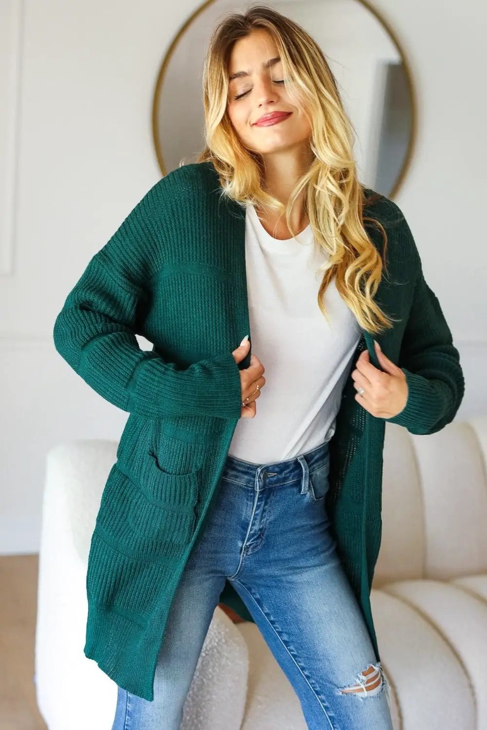 Haptics Stripe Textured Open Front Cardigan with Pockets - Image 3