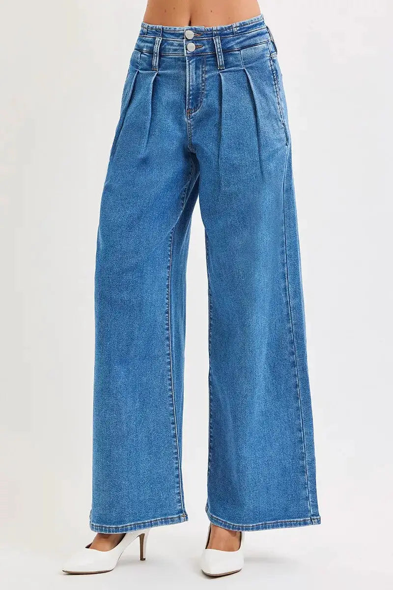RISEN Full Size Mid Rise Fit Wide Leg with Pleated Detail Jeans Plus Size - Image 2