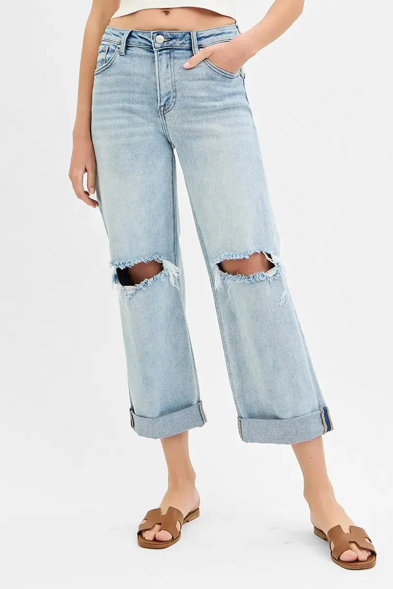 RISEN Full Size Mid Rise Fit Boyfriend Jeans with Cuff Plus Size - Image 1