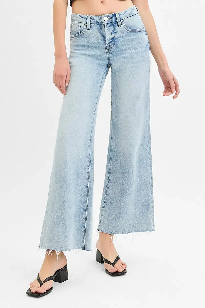 RISEN Full Size Tummy Control Low Rise Wide Leg Raw Cut Hem Jeans Plus Size - Image 1