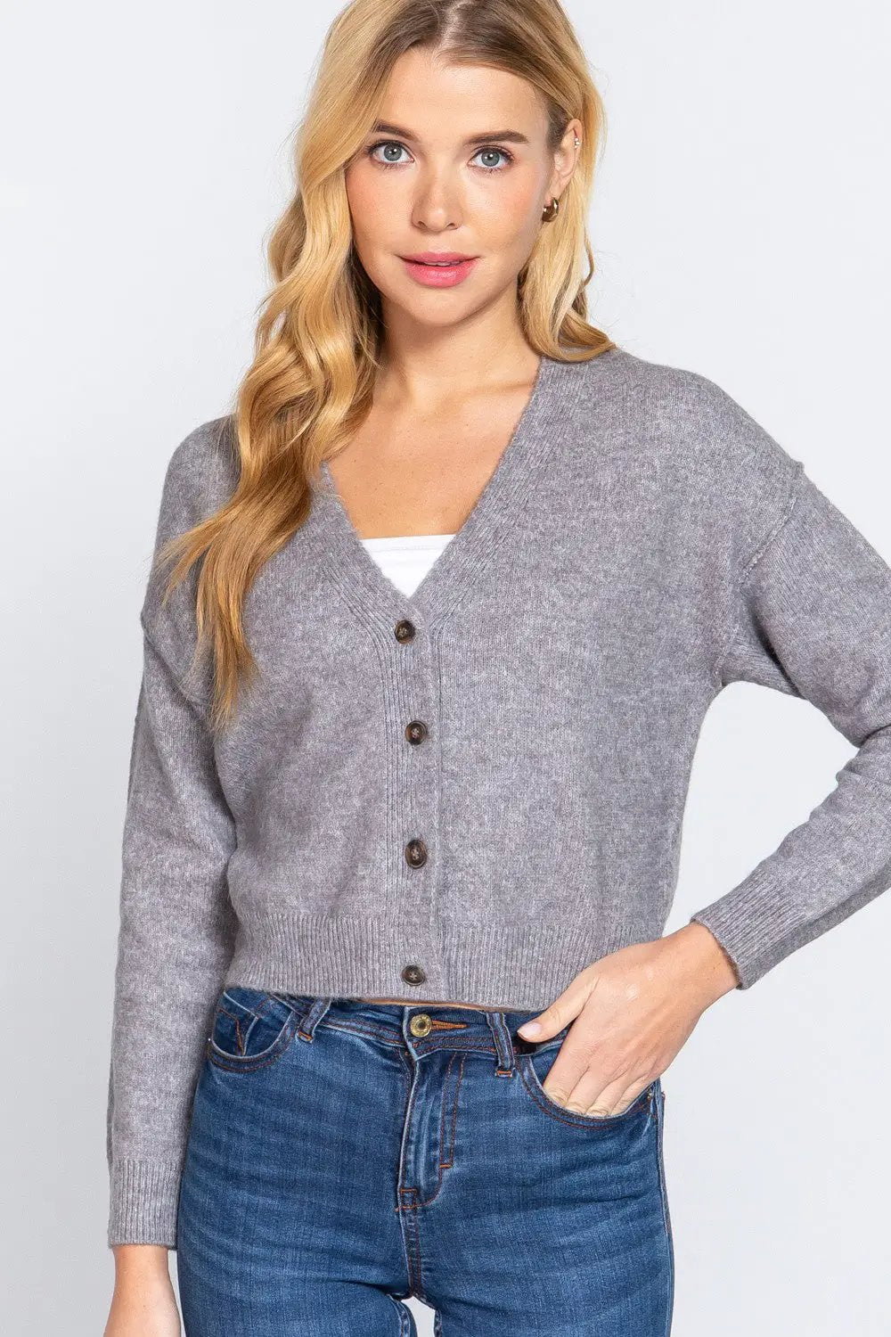 ACTIVE BASIC V-Neck Button Up Long Sleeve Knit Cardigan - Image 1