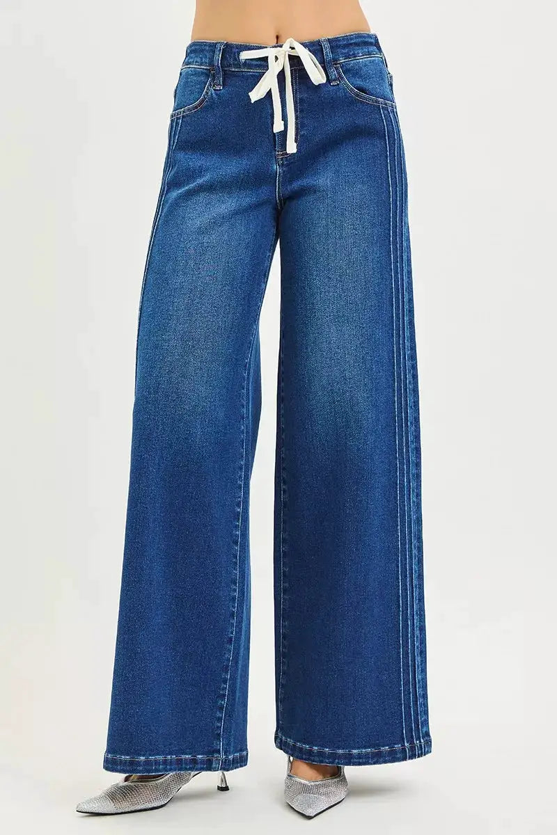 RISEN Full Size Mid Rise Wide Side Pintuck Jeans with Front Drawstring Plus Size - Image 2