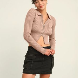 HYFVE Ribbed Double Zip Cropped Cardigan - Image 3