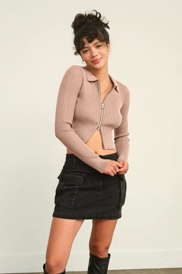 HYFVE Ribbed Double Zip Cropped Cardigan