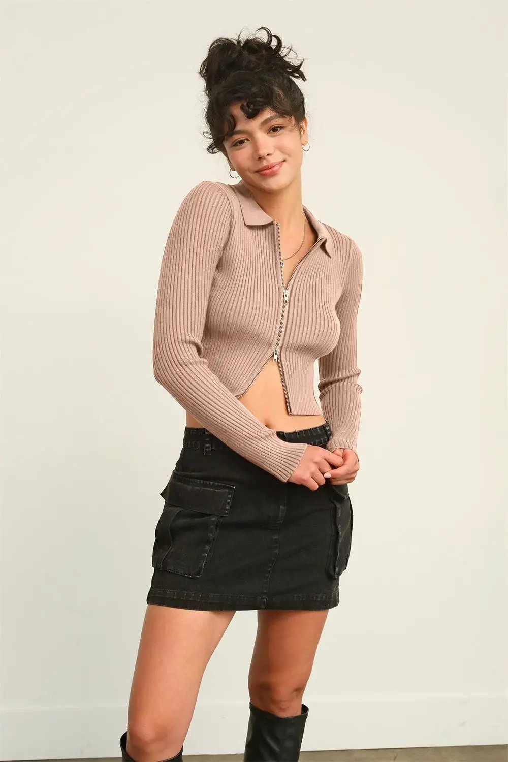HYFVE Ribbed Double Zip Cropped Cardigan - Image 3