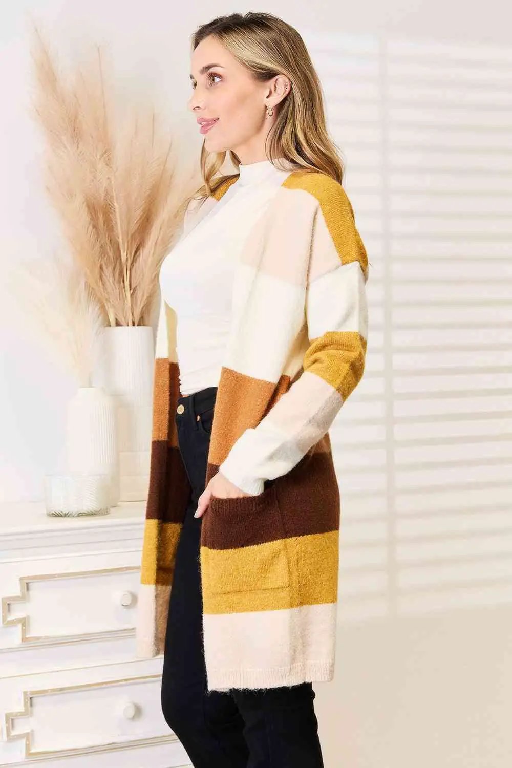 Woven Right Color Block Dropped Shoulder Cardigan - Image 3