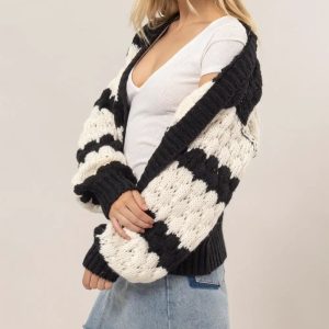 HYFVE Scallop Striped Open Front Long Sleeve Sweater Cardigan - Image 3