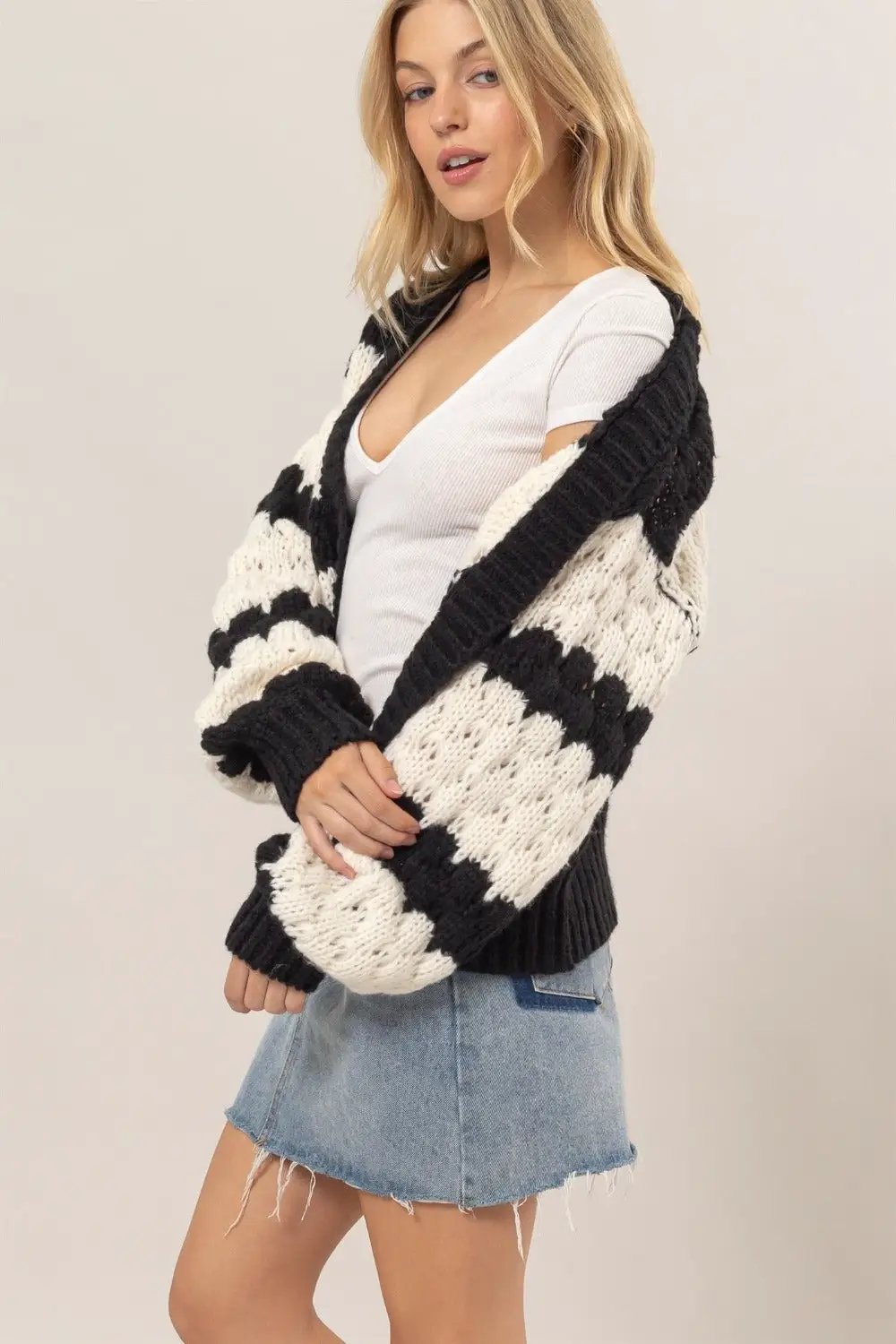 HYFVE Scallop Striped Open Front Long Sleeve Sweater Cardigan - Image 3