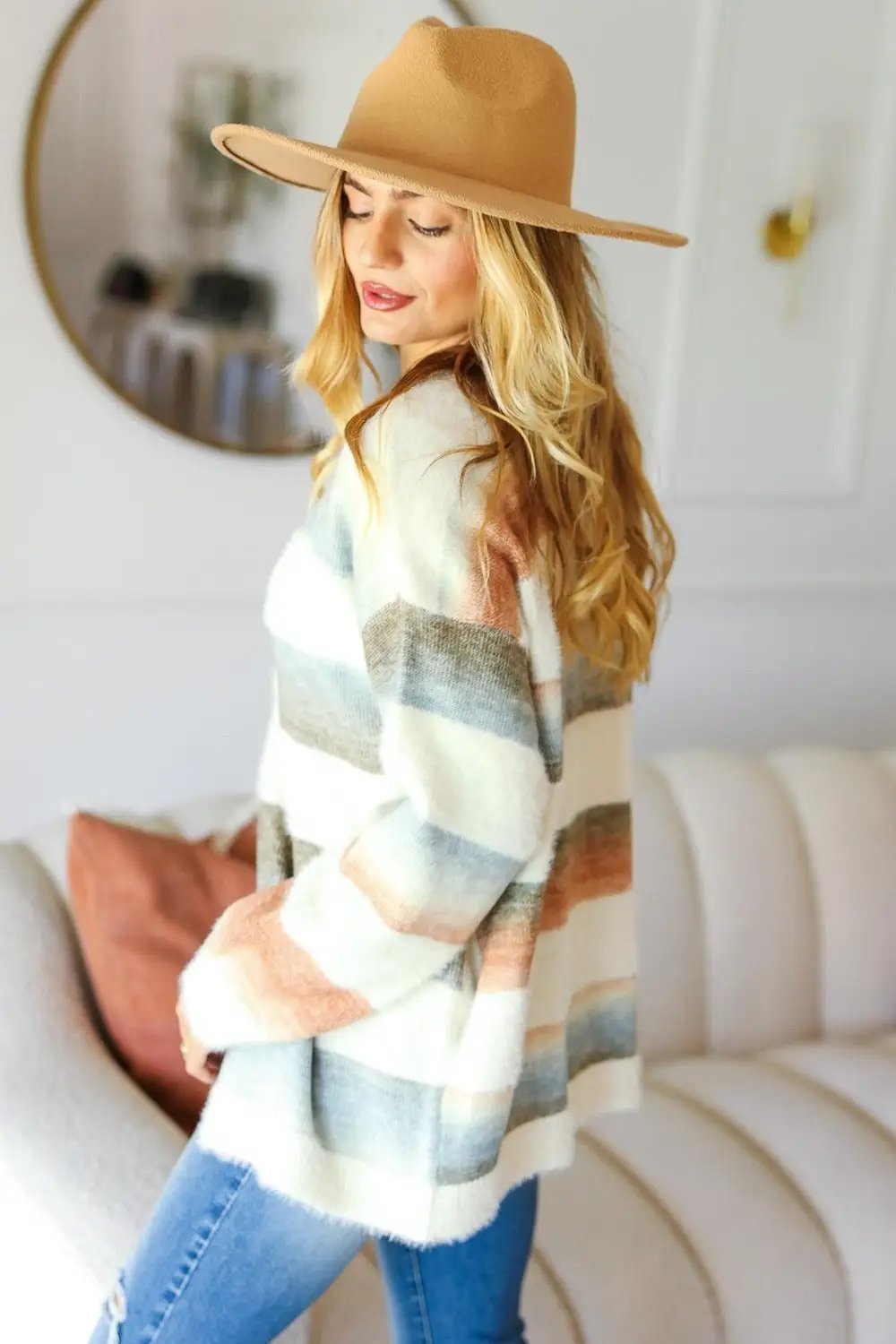 Haptics Full Size Button Down Stripe Soft Fuzzy Sweater Cardigan - Image 2