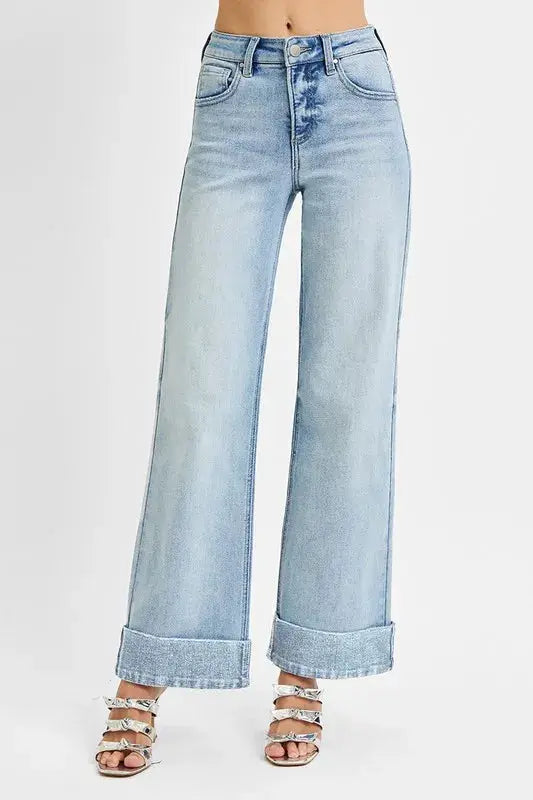 RISEN Full Size Tummy Control High Rise Ankle Wide Cuffed Jeans Plus Size
