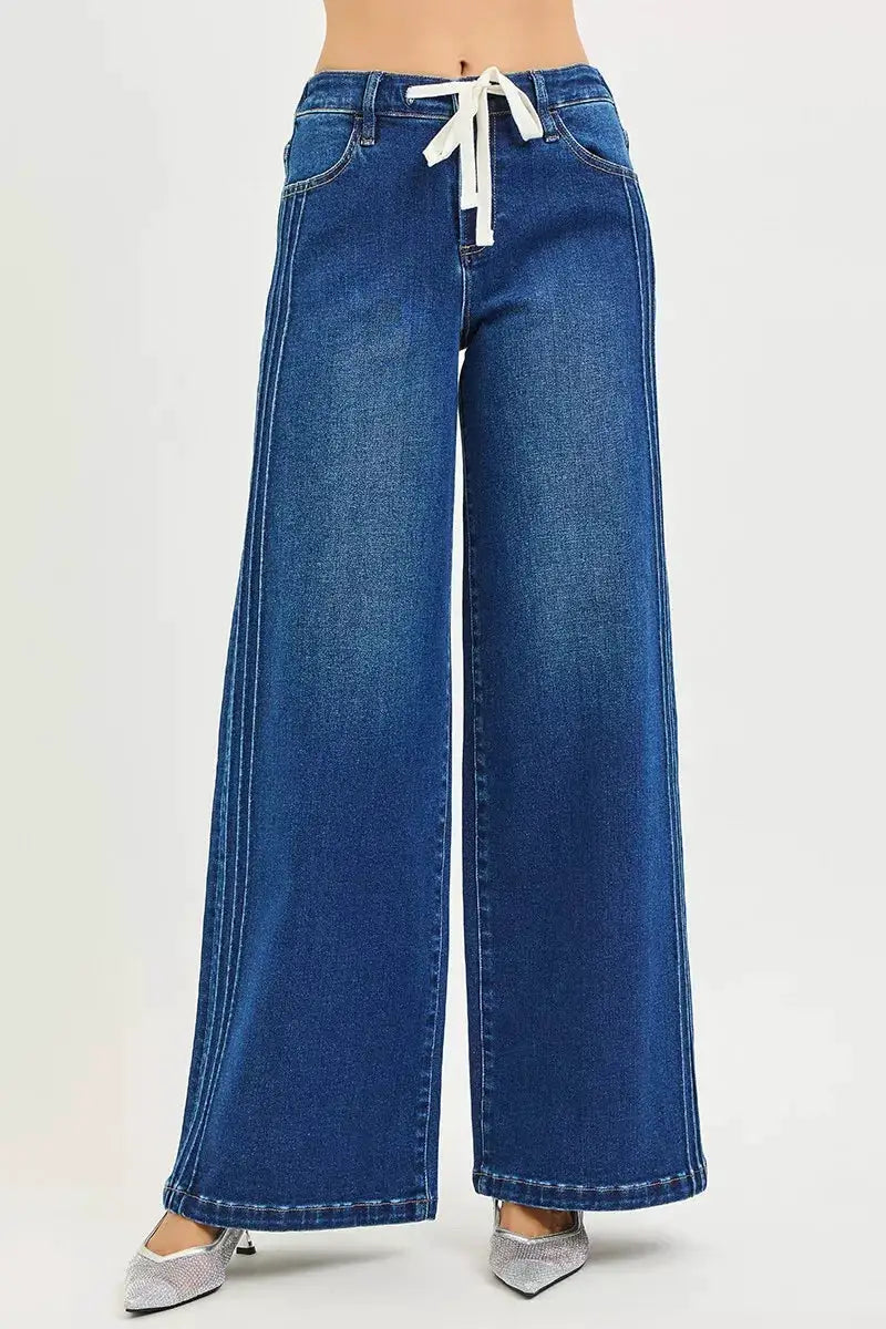 RISEN Full Size Mid Rise Wide Side Pintuck Jeans with Front Drawstring Plus Size - Image 3