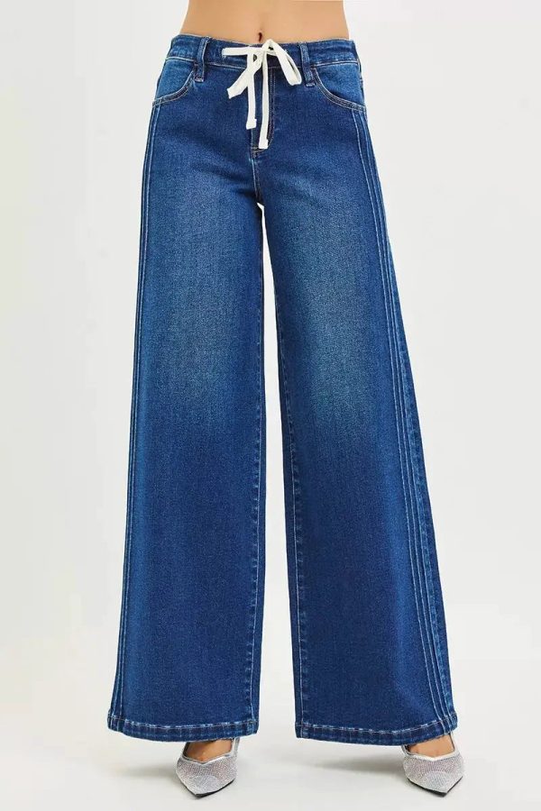RISEN Full Size Mid Rise Wide Side Pintuck Jeans with Front Drawstring Plus Size