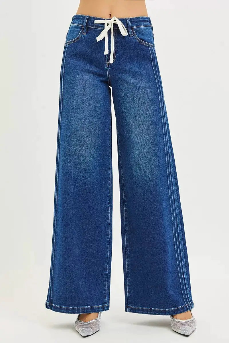 RISEN Full Size Mid Rise Wide Side Pintuck Jeans with Front Drawstring Plus Size - Image 1