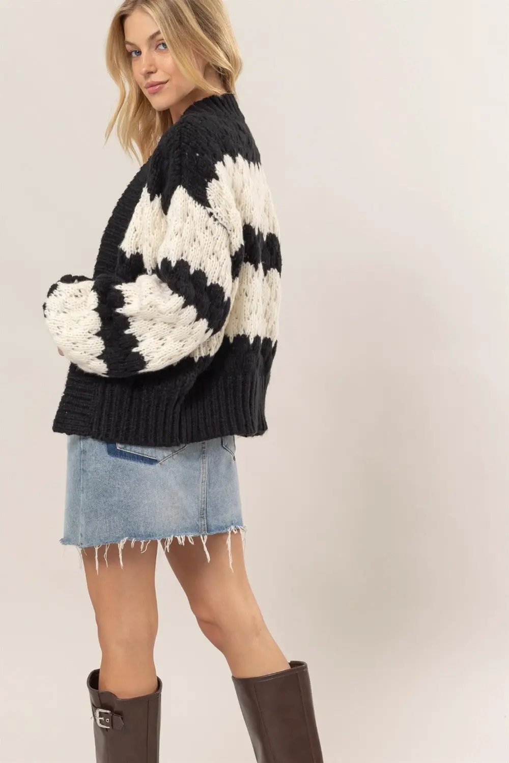 HYFVE Scallop Striped Open Front Long Sleeve Sweater Cardigan - Image 2
