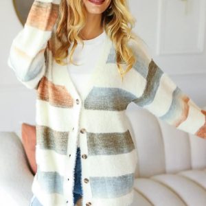 Haptics Full Size Button Down Stripe Soft Fuzzy Sweater Cardigan - Image 4