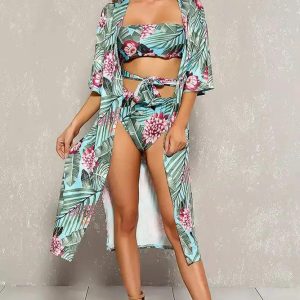 Sexy Sky Blue Green Tropical Print Two Piece Swimsuit Set