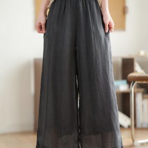 Black Pants Lace Leg New Wide Waist Patchwork Linen 2025 Elastic
