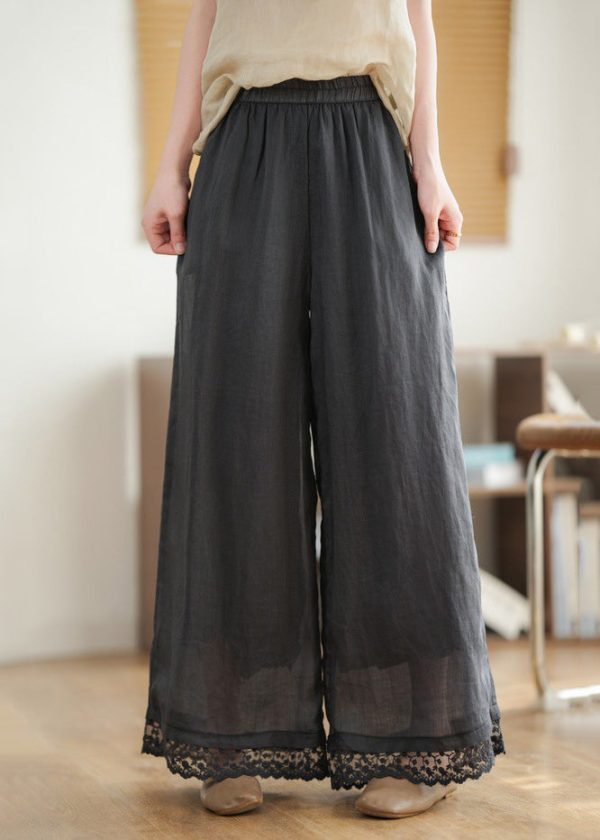 Black Pants Lace Leg New Wide Waist Patchwork Linen 2025 Elastic