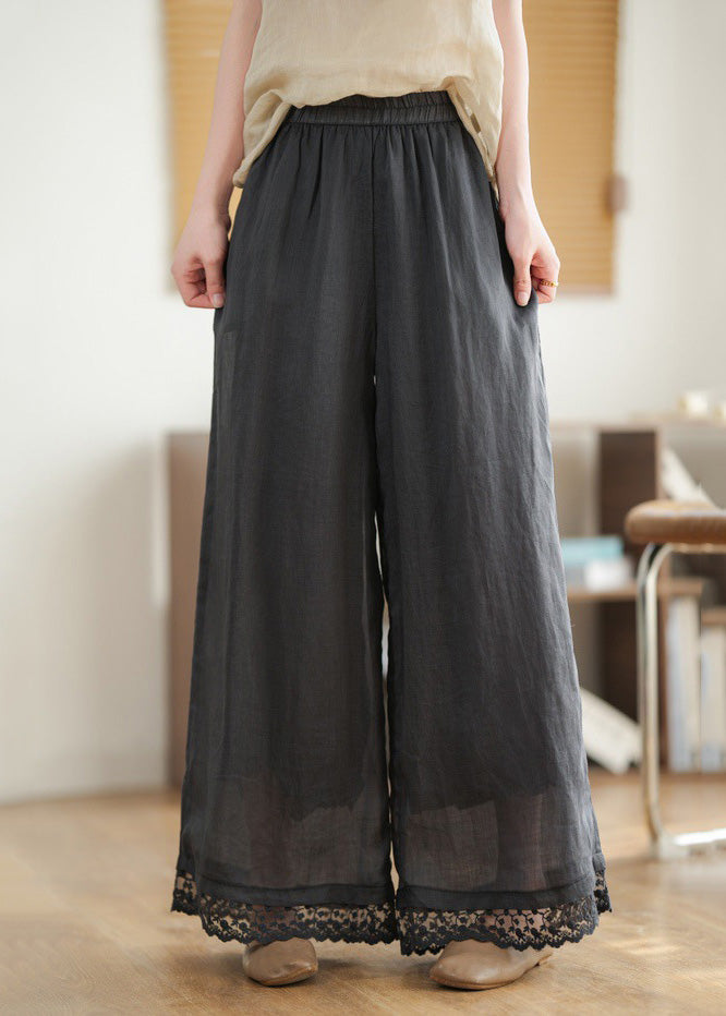 Black Pants Lace Leg New Wide Waist Patchwork Linen 2025 Elastic - Image 1
