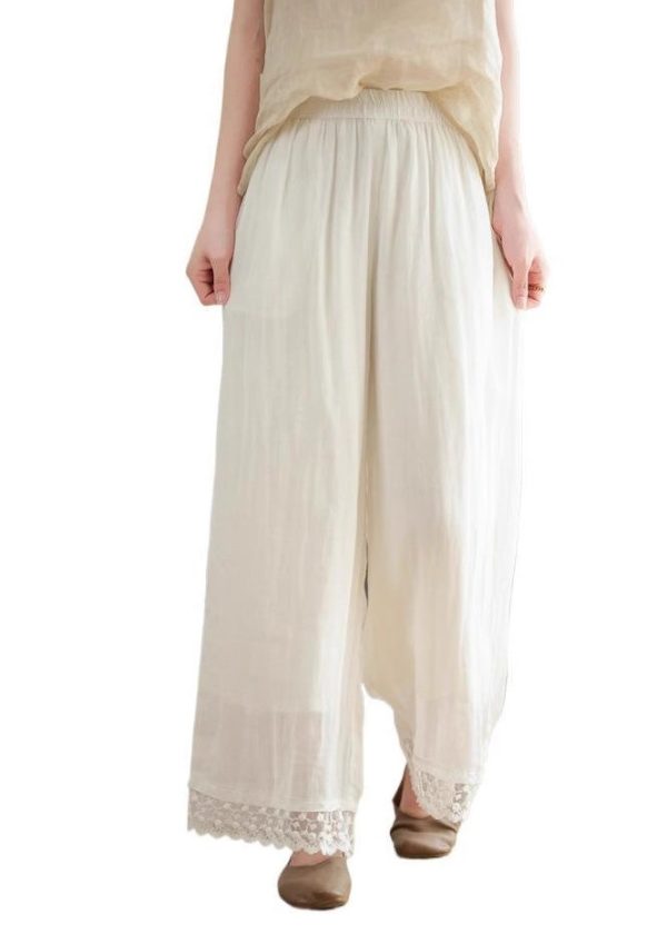 Black Pants Lace Leg New Wide Waist Patchwork Linen 2025 Elastic - Image 5