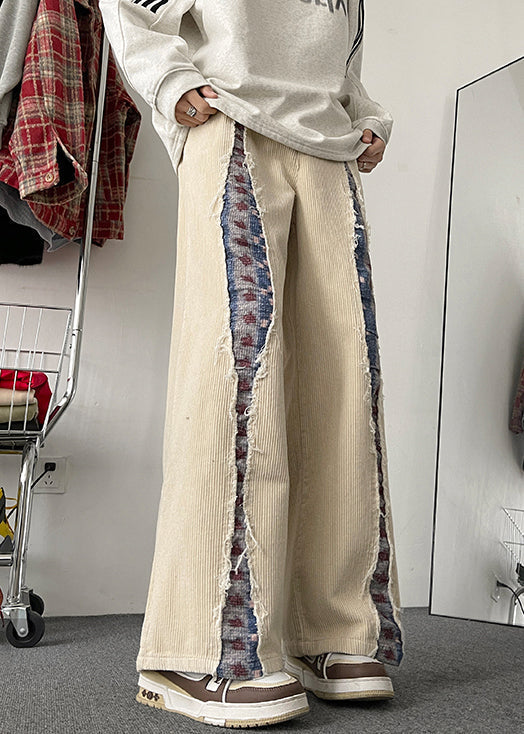 Pockets Men Wide Leg Apricot Patchwork Elastic Corduroy Pants