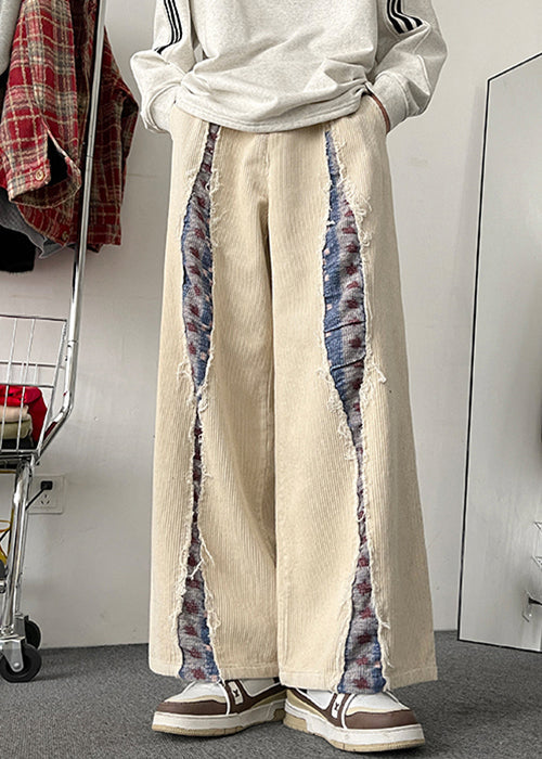 Pockets Men Wide Leg Apricot Patchwork Elastic Corduroy Pants - Image 2