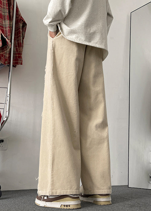 Pockets Men Wide Leg Apricot Patchwork Elastic Corduroy Pants - Image 4