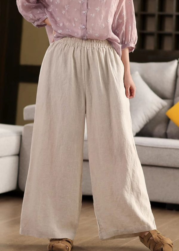 Pants Elastic Pockets Linen Loose Leg Waist Beige Summer Wide