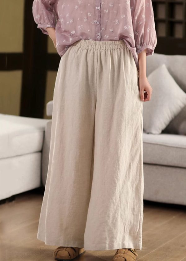 Pants Elastic Pockets Linen Loose Leg Waist Beige Summer Wide - Image 2