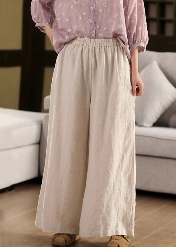 Pants Elastic Pockets Linen Loose Leg Waist Beige Summer Wide - Image 2