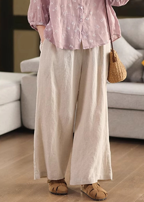 Pants Elastic Pockets Linen Loose Leg Waist Beige Summer Wide - Image 3