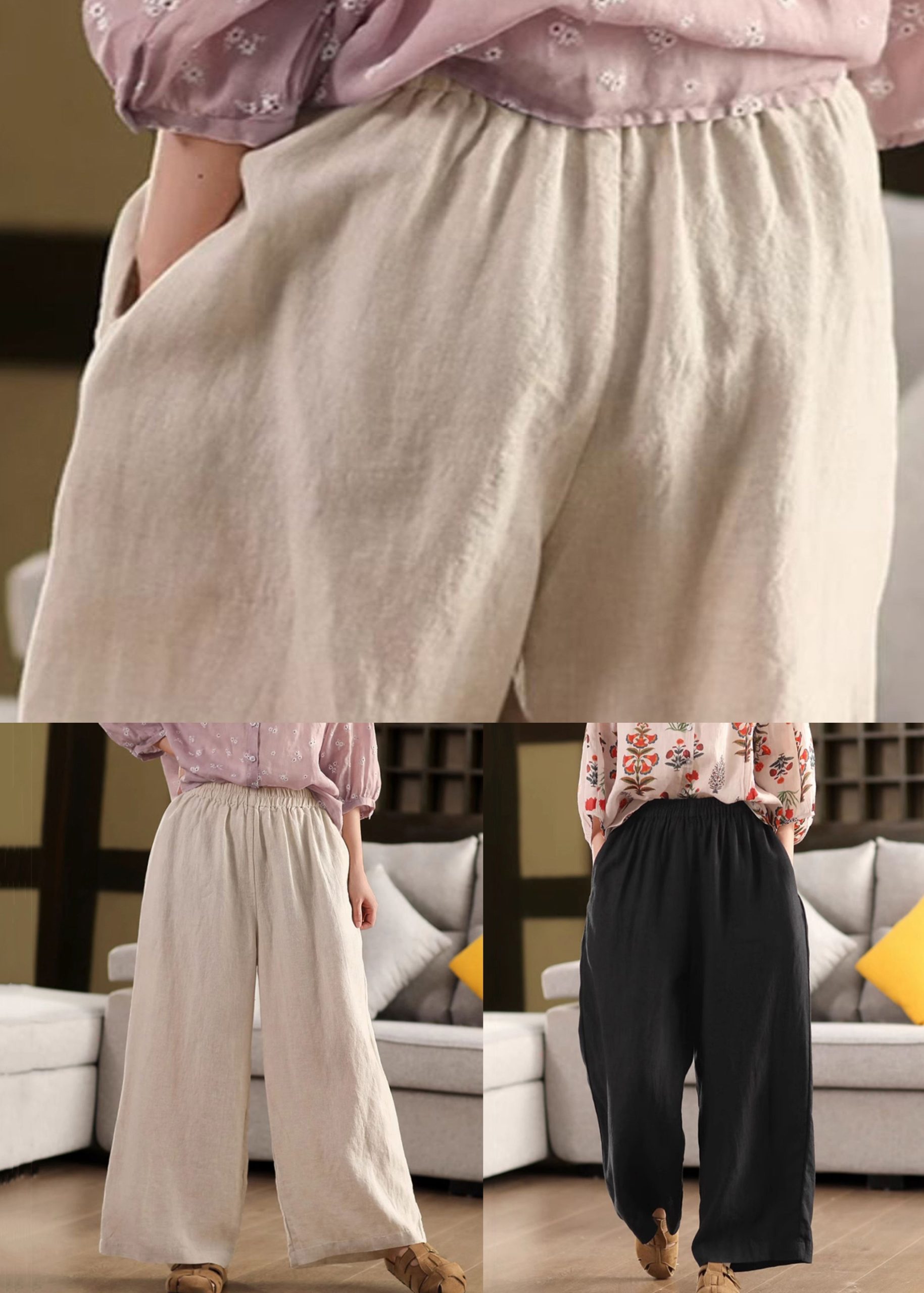 Pants Elastic Pockets Linen Loose Leg Waist Beige Summer Wide - Image 5