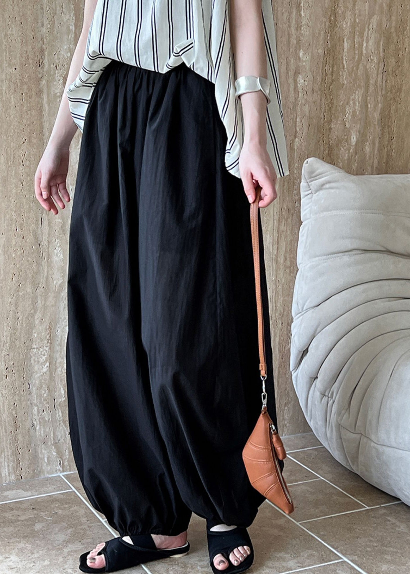 Pants Cotton Black Waist Lantern Elastic Summer Loose - Image 2