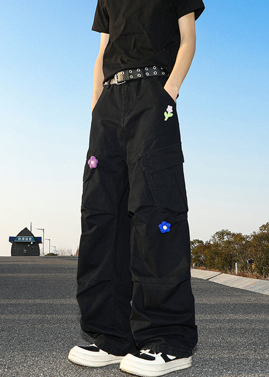 Pants Waist Pockets Cotton Summer High Men Black