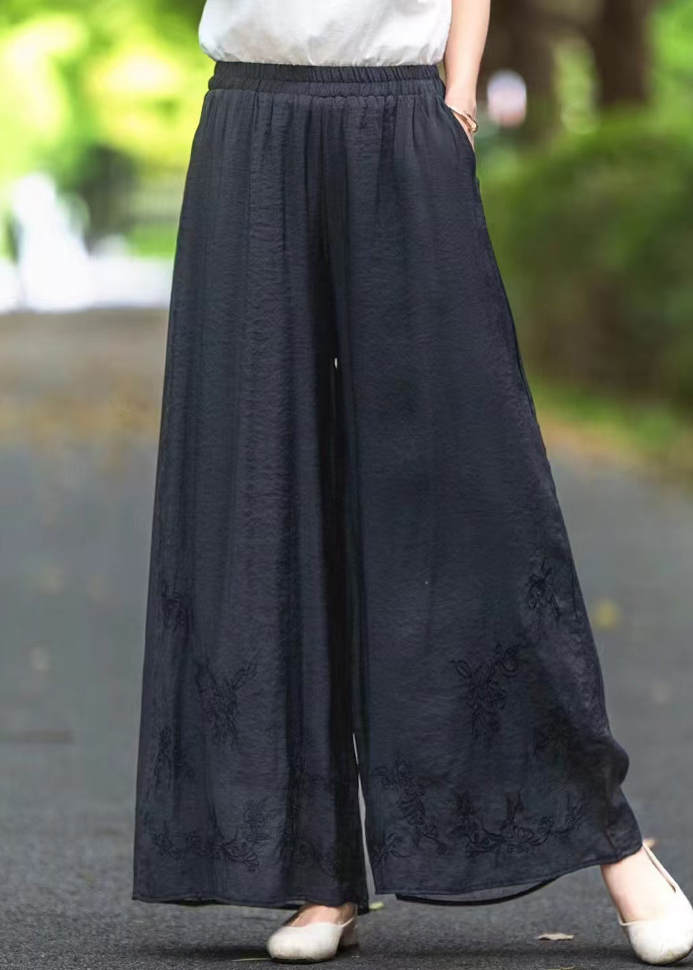 Silk Pockets Elastic Black Summer Embroidered Waist Pants - Image 1