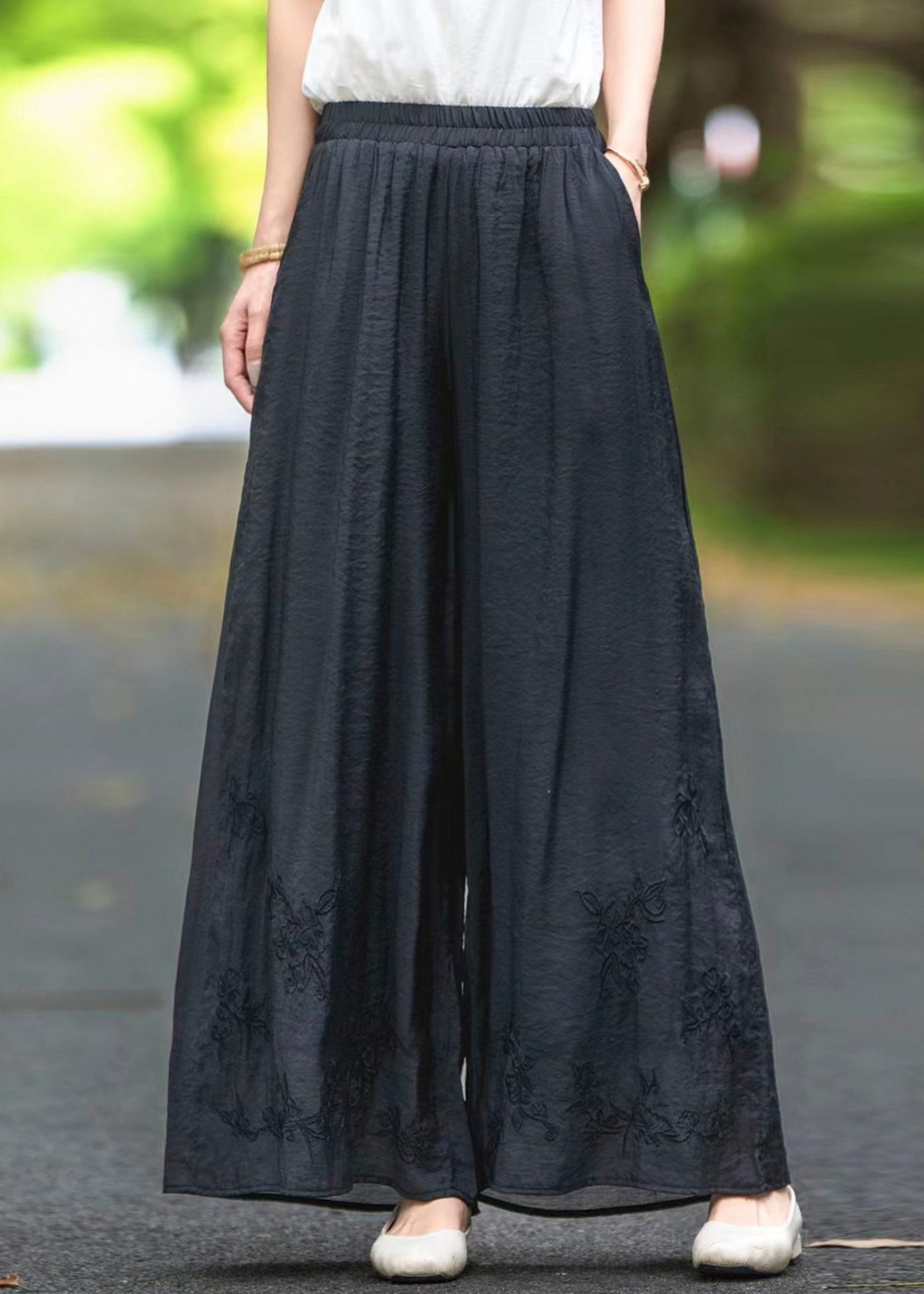 Silk Pockets Elastic Black Summer Embroidered Waist Pants - Image 2
