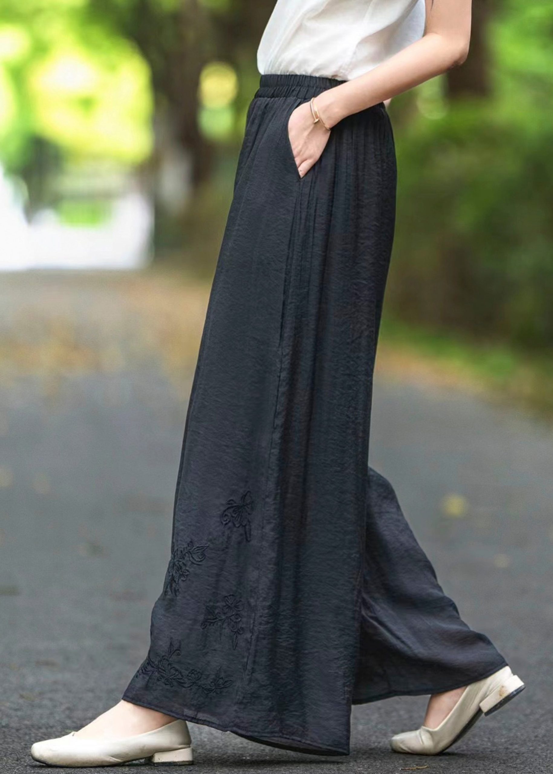 Silk Pockets Elastic Black Summer Embroidered Waist Pants - Image 3