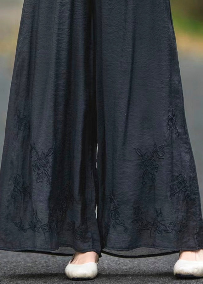 Silk Pockets Elastic Black Summer Embroidered Waist Pants - Image 4