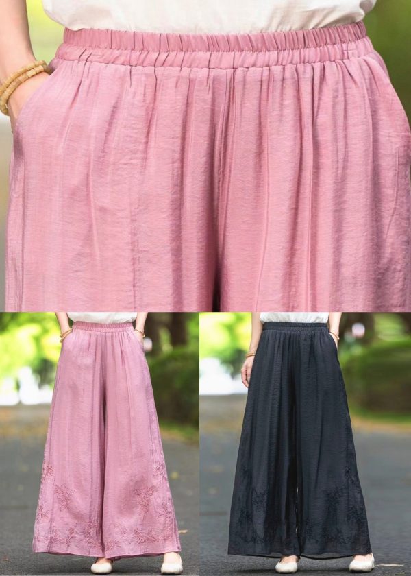 Silk Pockets Elastic Black Summer Embroidered Waist Pants - Image 5