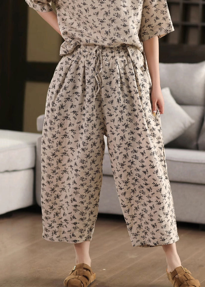 Pants Linen Crop Pockets Elastic Summer Black Waist - Image 1