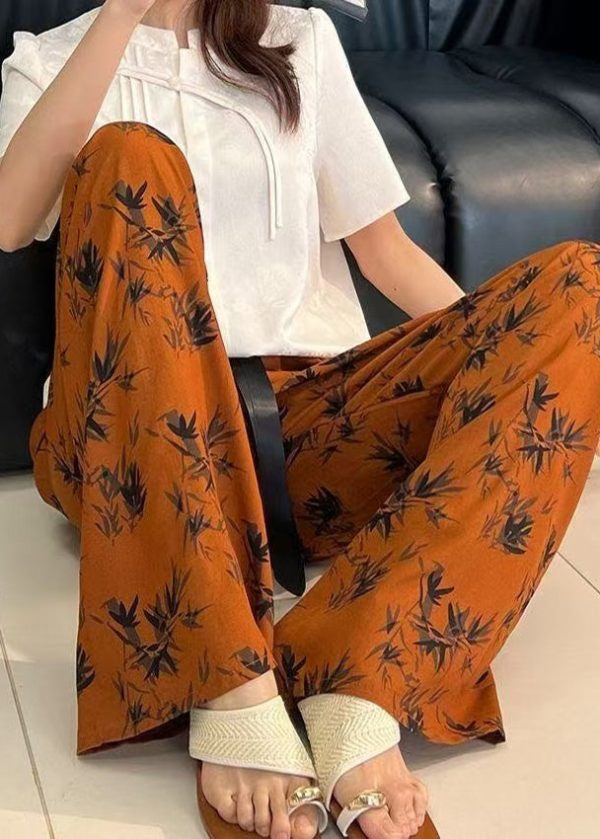 Straight Bohemian Waist Print Pants Elastic Cotton Summer