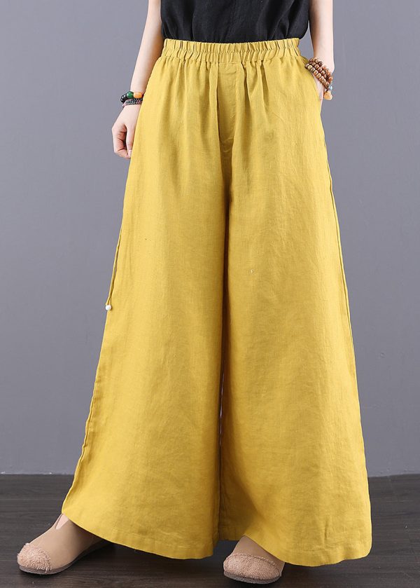 Pants Elastic Waist Pockets Bohemian Linen Yellow Summer - Image 2
