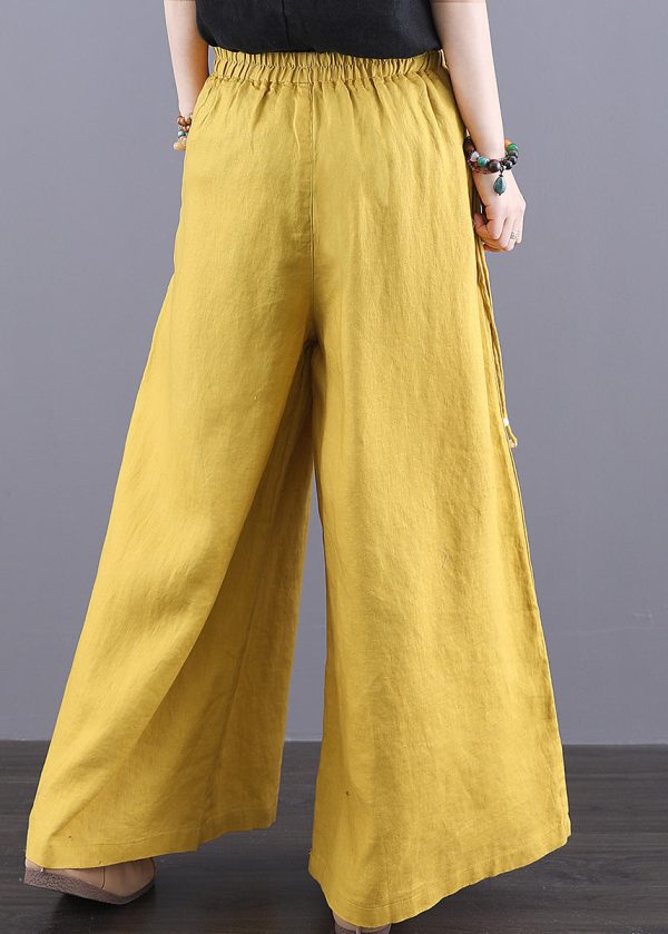 Pants Elastic Waist Pockets Bohemian Linen Yellow Summer - Image 4